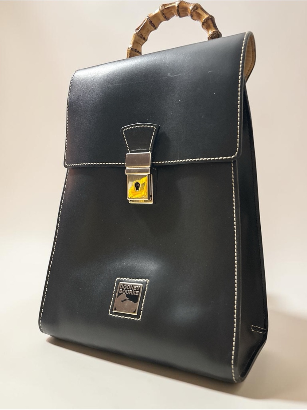 Dooney & Bourke Black Leather Backpack with Bamboo Top Handle-COA